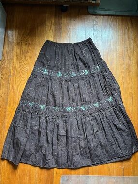 Soulmates Black Tiered Maxi Skirt with Teal Floral Embroidery